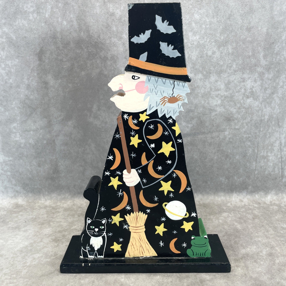 Rare Vtg Pier 1 Halloween Witch Tea Light Candle Holder Hand Painted Wood READ